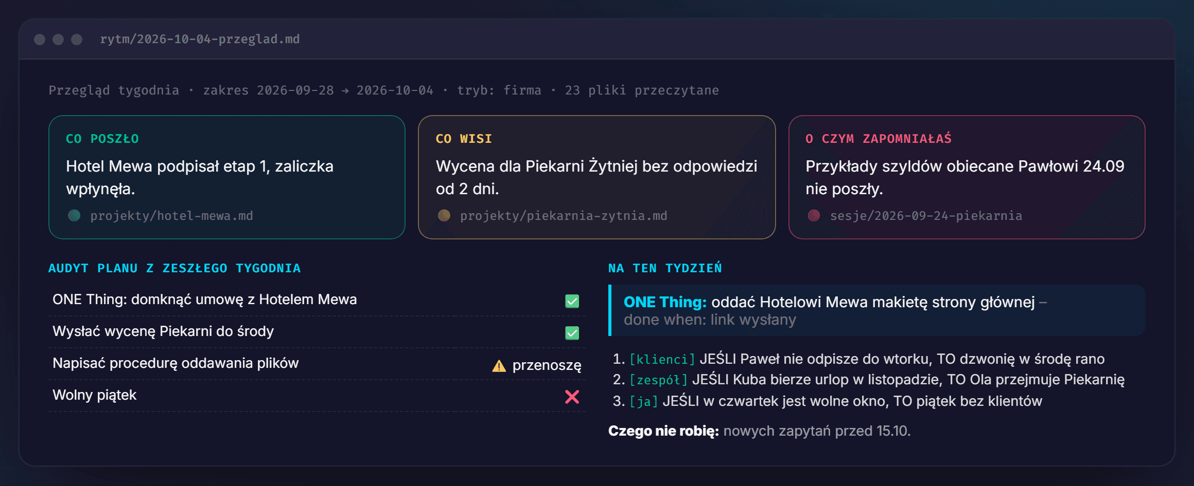 Przykład: Cotygodniowy przegląd w terminalu Claude Code