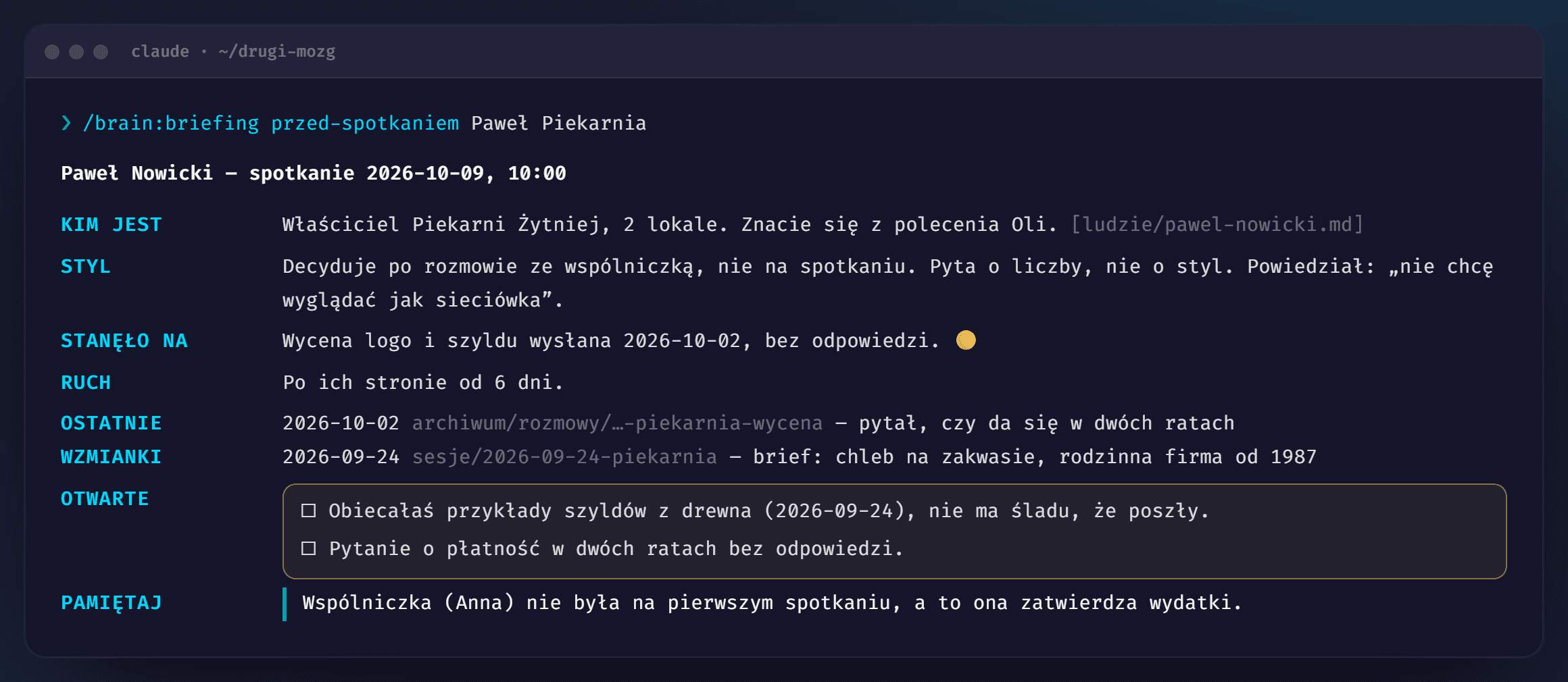 Przykład: Przygotowanie przed spotkaniem w terminalu Claude Code