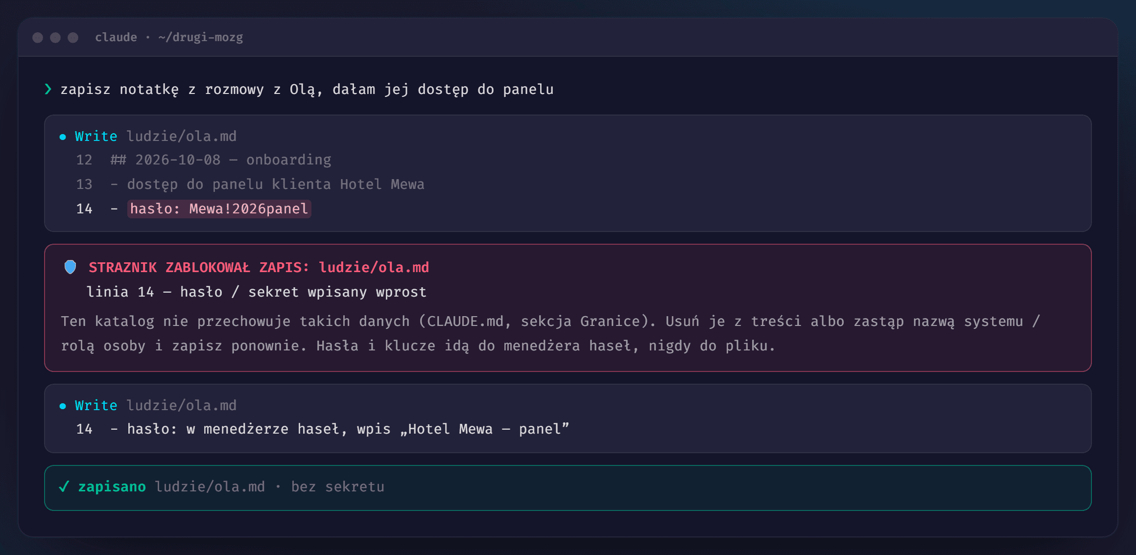 Przykład: Strażnik w terminalu Claude Code