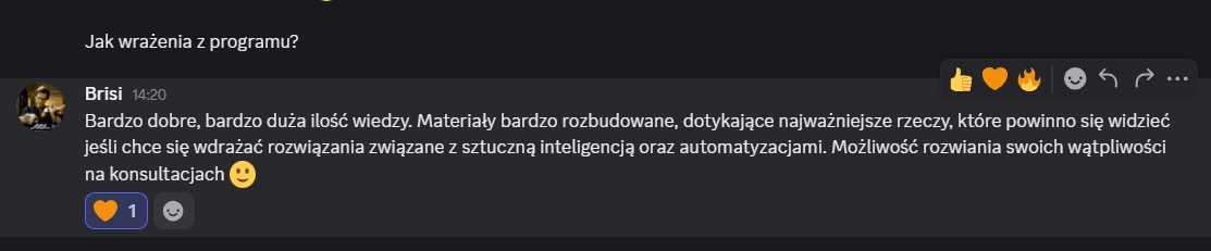 Opinia uczestnika z Discorda – bardzo duża ilość wiedzy i konsultacje