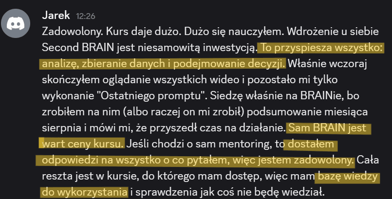 Opinia Jarka z pakietu VIP – sam Second BRAIN jest wart ceny kursu