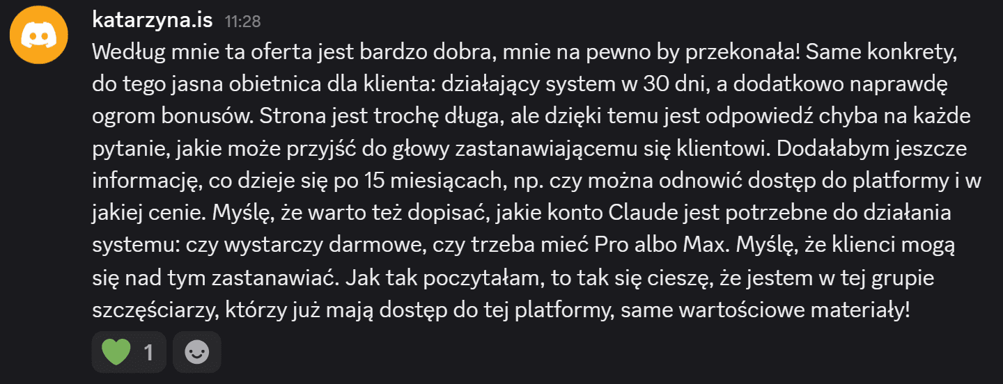 Opinia uczestniczki z Discorda – same konkrety i jasna obietnica działającego systemu w 30 dni