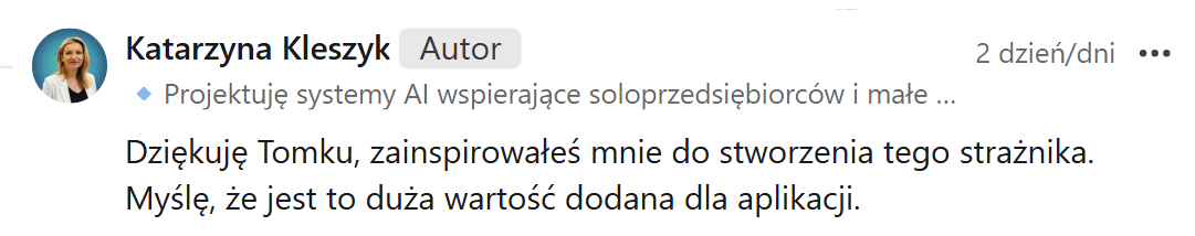 Komentarz Katarzyny Kleszyk – Tomek zainspirował ją do stworzenia strażnika w aplikacji
