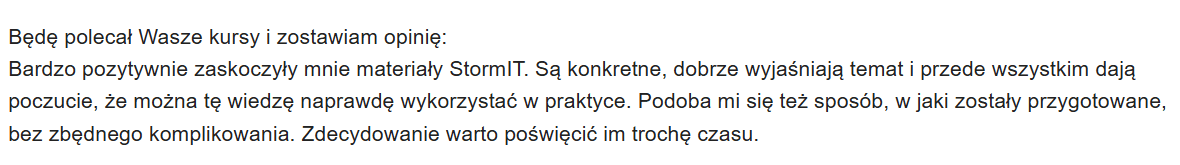 Opinia kursanta – materiały StormIT konkretne i do wykorzystania w praktyce