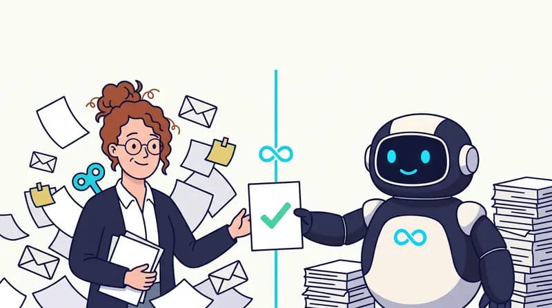Ręczna robota kontra agent: kobieta z kluczykiem w plecach wśród latających kartek, robot podaje jej jedną kartkę z ptaszkiem do akceptacji