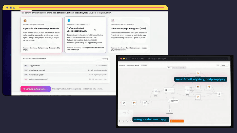 Agent do dokumentów z trzema przykładami z różnych branż i workflow n8n obsługujący skrzynkę mailową