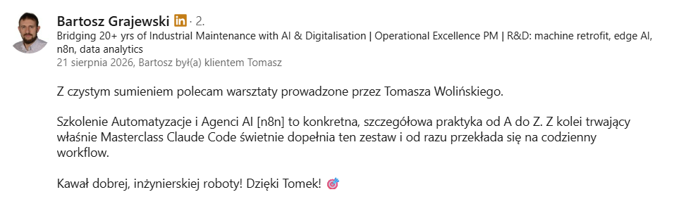 Rekomendacja Bartosza Grajewskiego na LinkedIn o szkoleniach Tomasza Wolińskiego